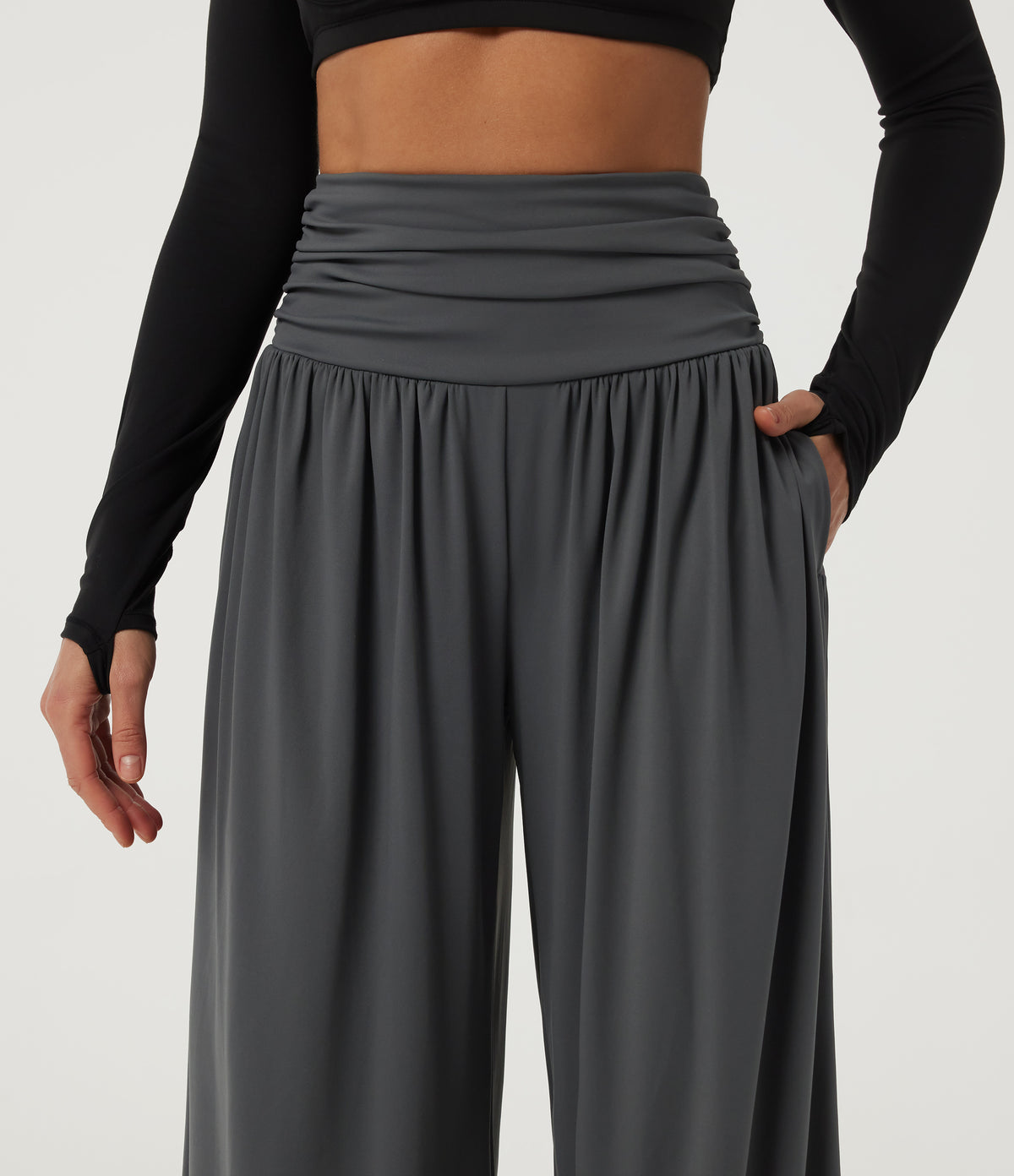 High Waisted Wide Leg Yoga Trousers with Pockets — Steel Gray — view 4