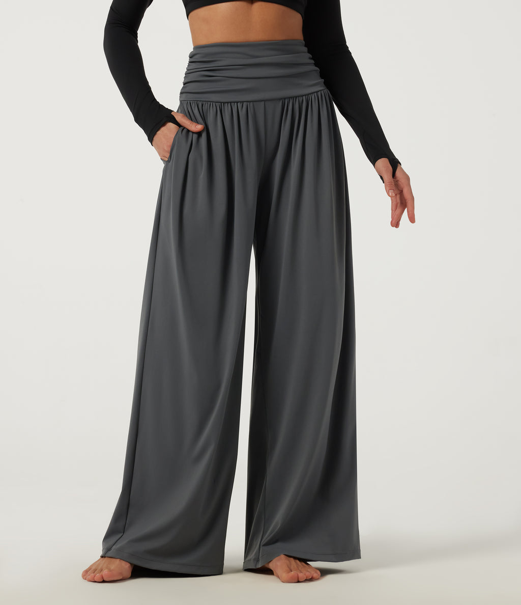 High Waisted Wide Leg Yoga Trousers with Pockets — Steel Gray — view 1