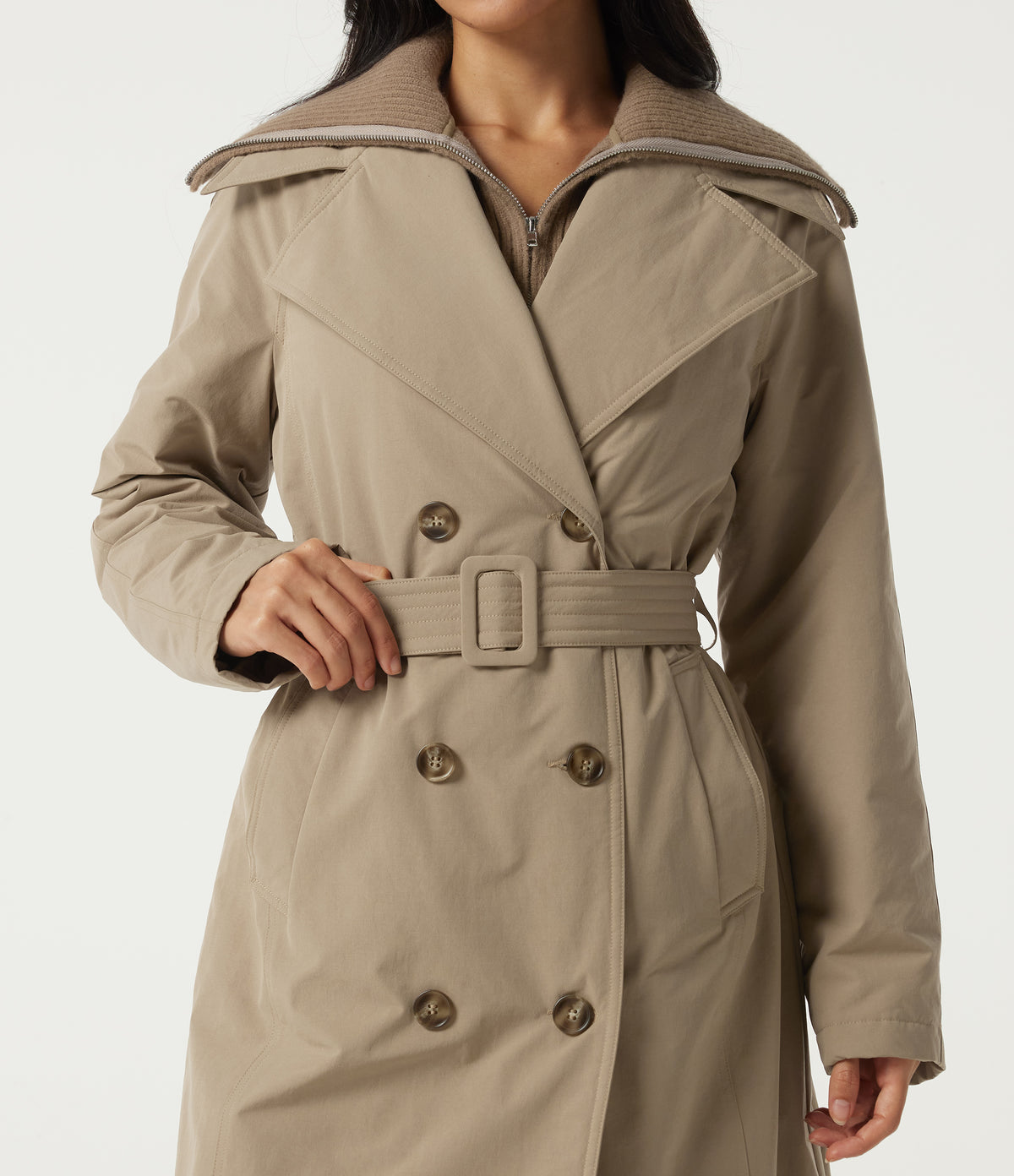Lapel Long Sleeve Lace Up Work Padded Jacket with Pockets — Sesame — view 5