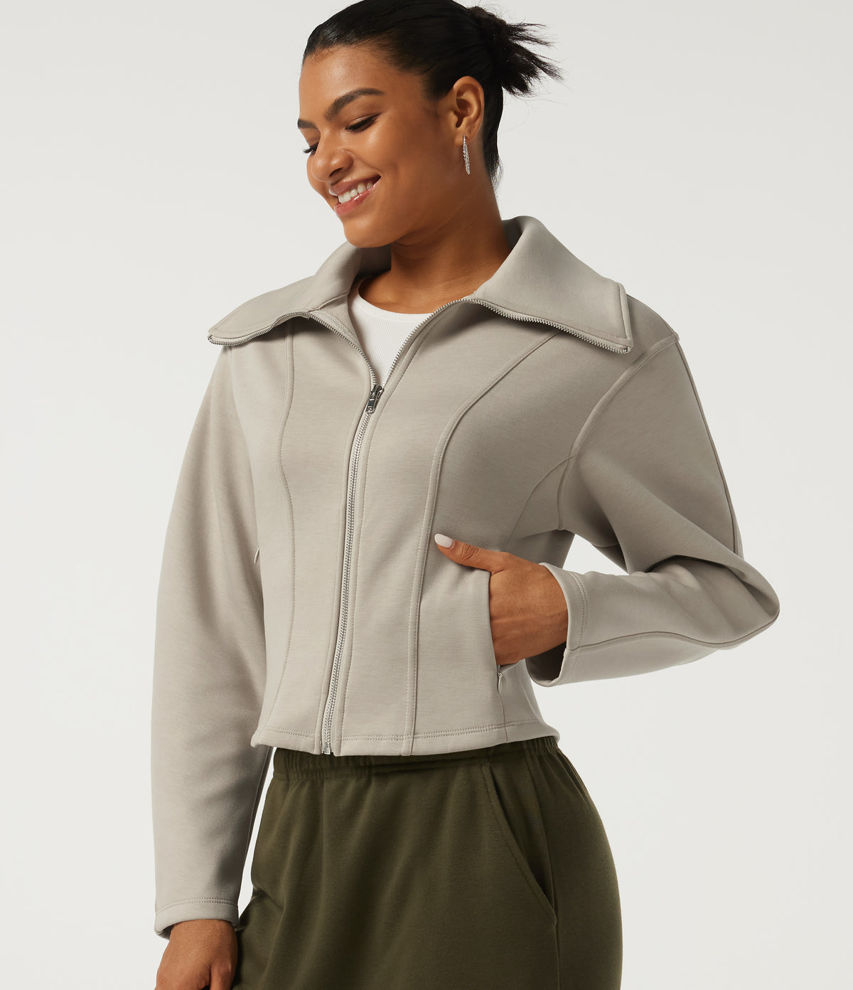 Lapel Collar Long Sleeve Casual Jacket with Pockets — Feather Gray — view 1