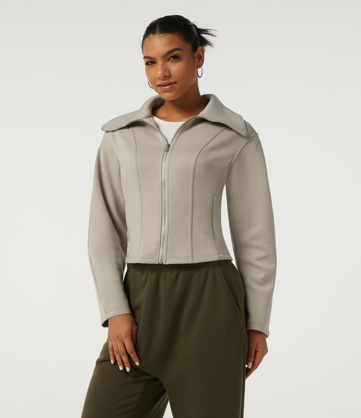 Lapel Collar Long Sleeve Casual Jacket with Pockets — Feather Gray — view 4