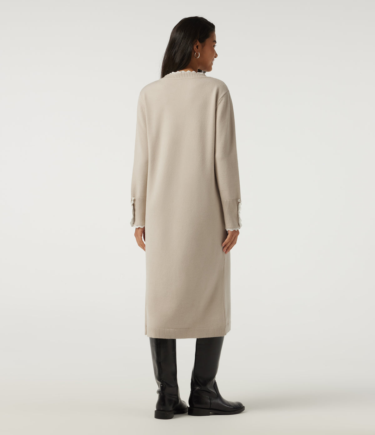 Round Neck Long Sleeve Midi Casual Dress — Oat Cream White — view 2