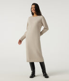 Round Neck Long Sleeve Midi Casual Dress — Oat Cream White — view 1