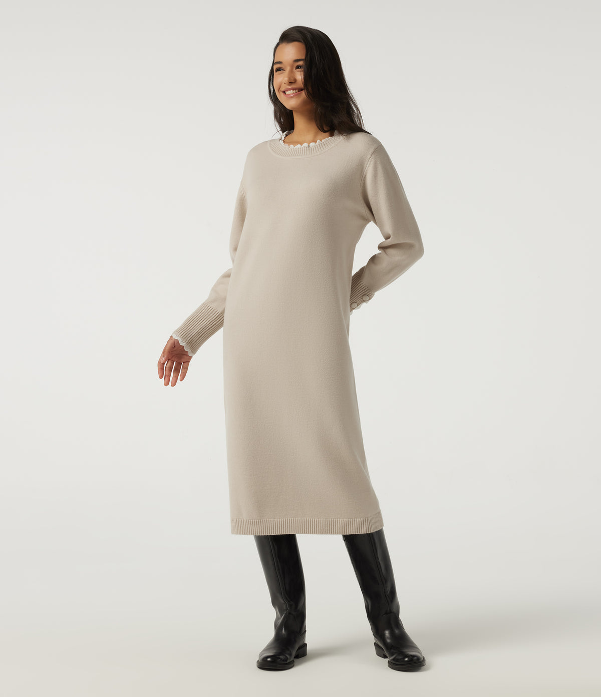 Round Neck Long Sleeve Midi Casual Dress — Oat Cream White — view 1