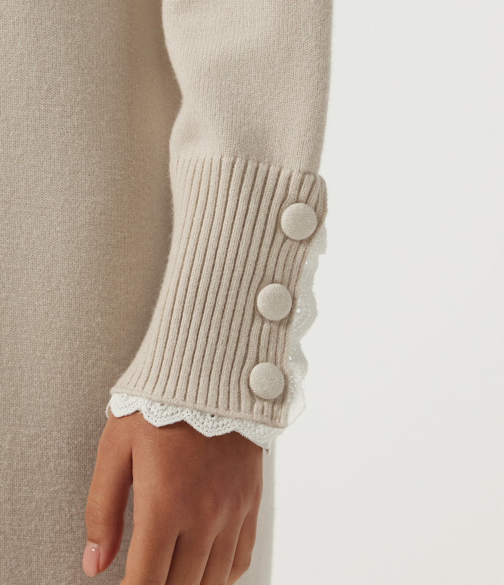 Round Neck Long Sleeve Midi Casual Dress — Oat Cream White — view 5
