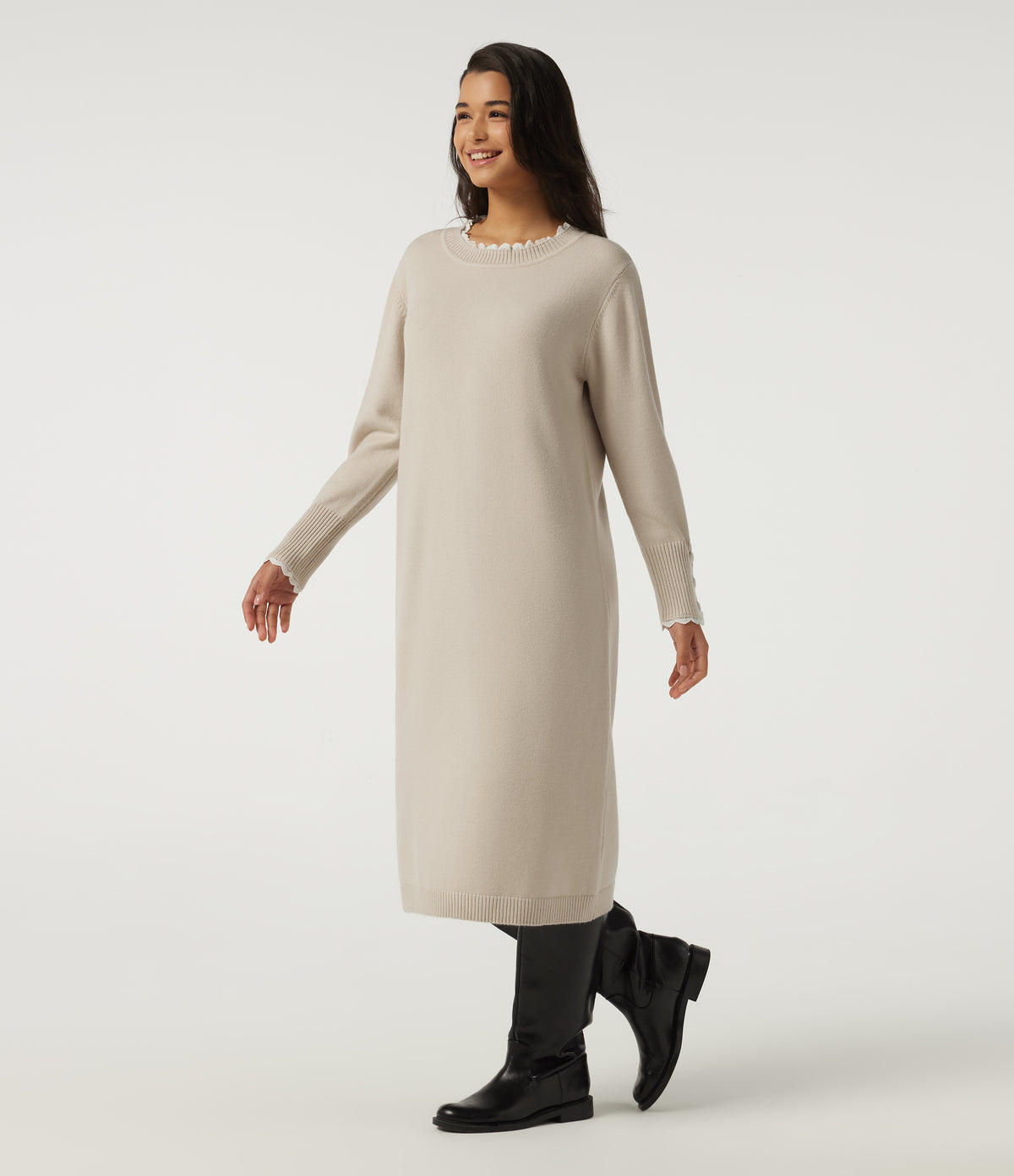 Round Neck Long Sleeve Midi Casual Dress — Oat Cream White — view 3