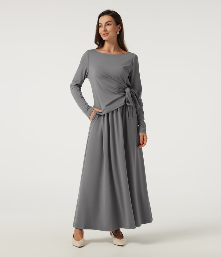 Boat Neck Long Sleeve A-Line Casual Maxi Dress with Pockets — Ultimate Gray — view 1