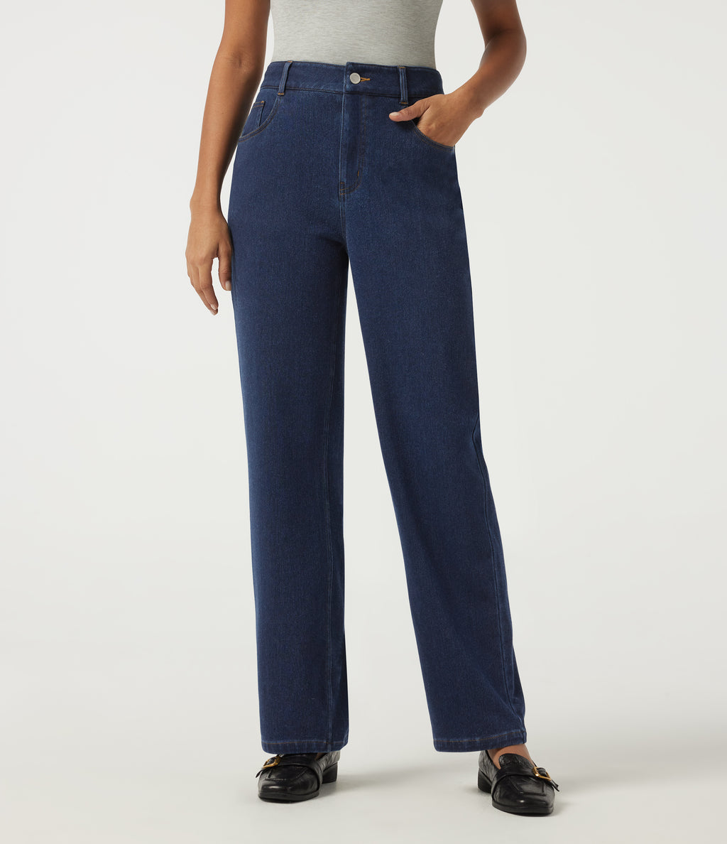 Heat High Waisted Straight Leg Casual Cotton Jeans with Pockets — Pageant Blue Denim — view 1