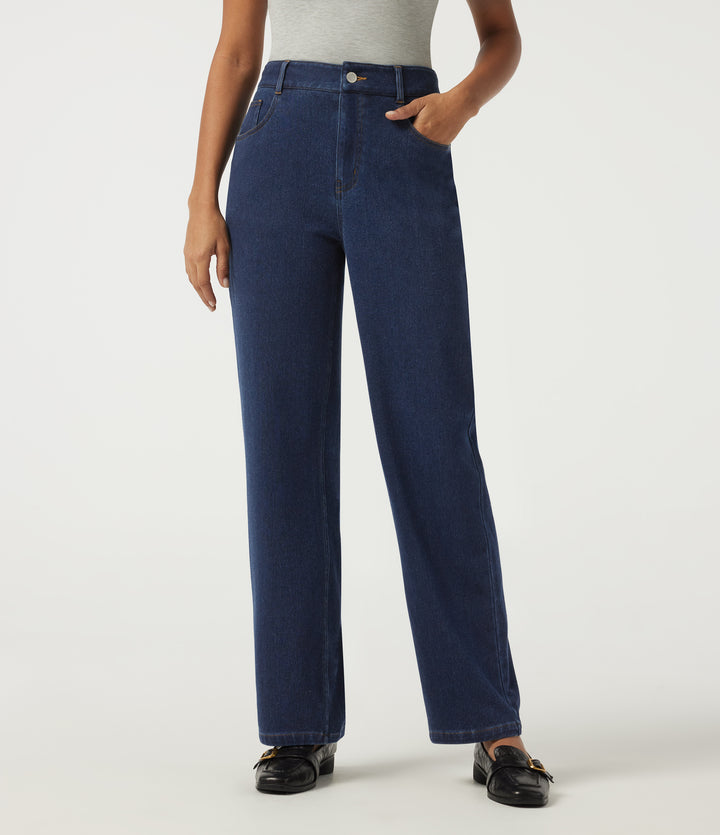 Heat High Waisted Straight Leg Casual Cotton Jeans with Pockets — Pageant Blue Denim — view 1