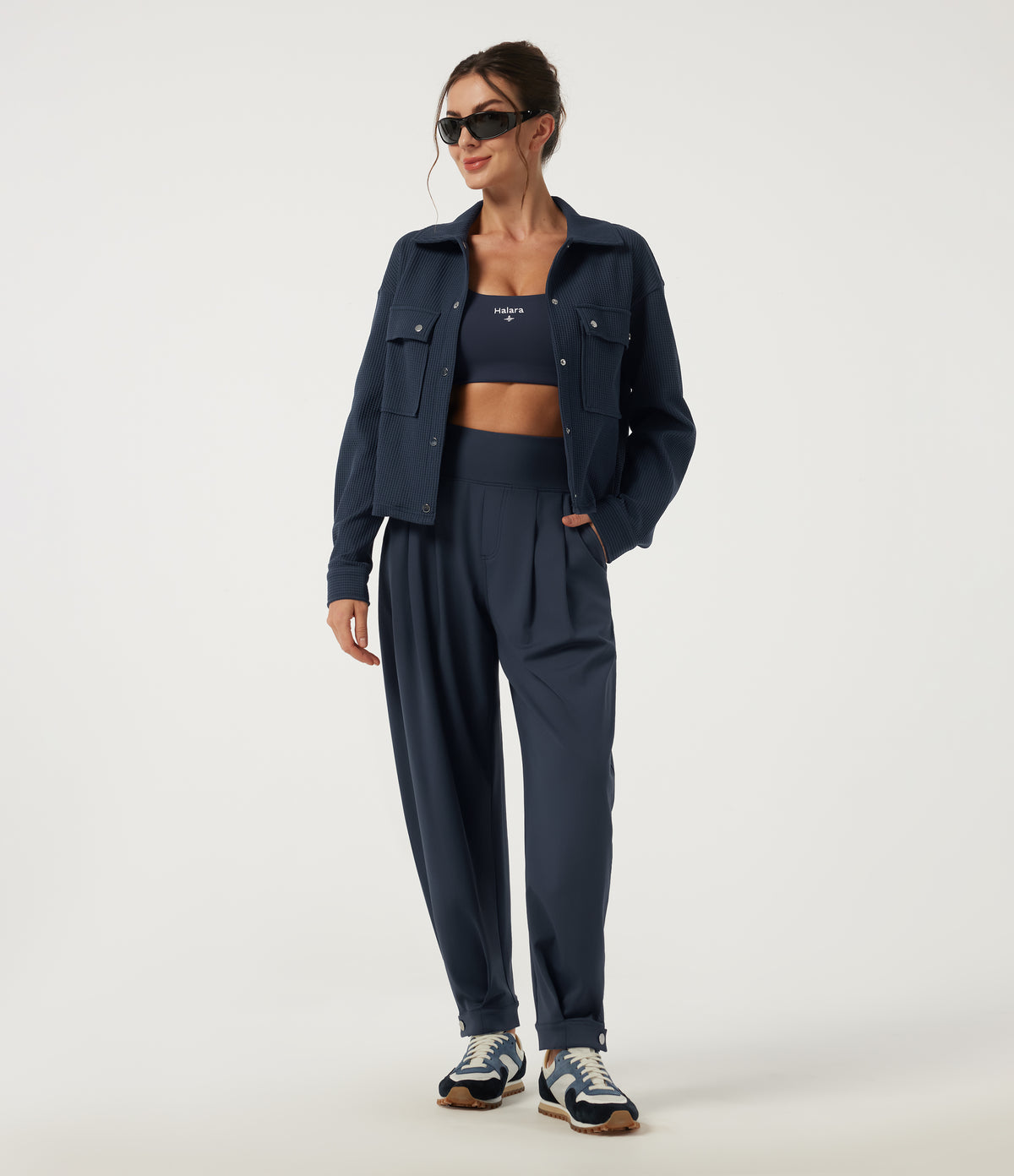 High Waisted Tapered Yoga Joggers with Pockets — Midnight Blue — view 8