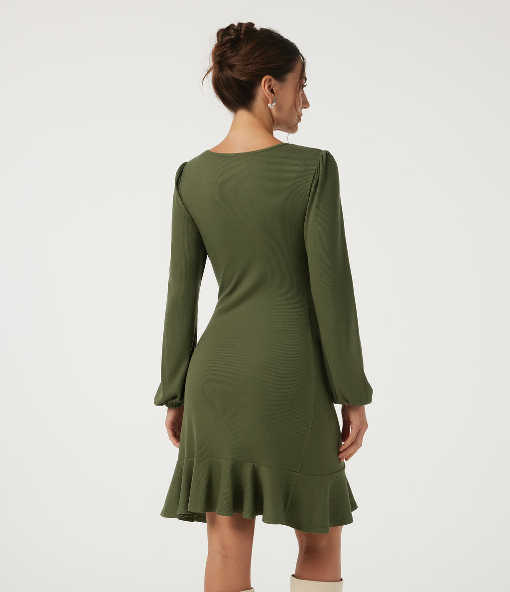 Ribbed Round Neck Long Sleeve Ruffle Hem A-Line Casual Bodycon Mini Dress — Moss Green — view 2