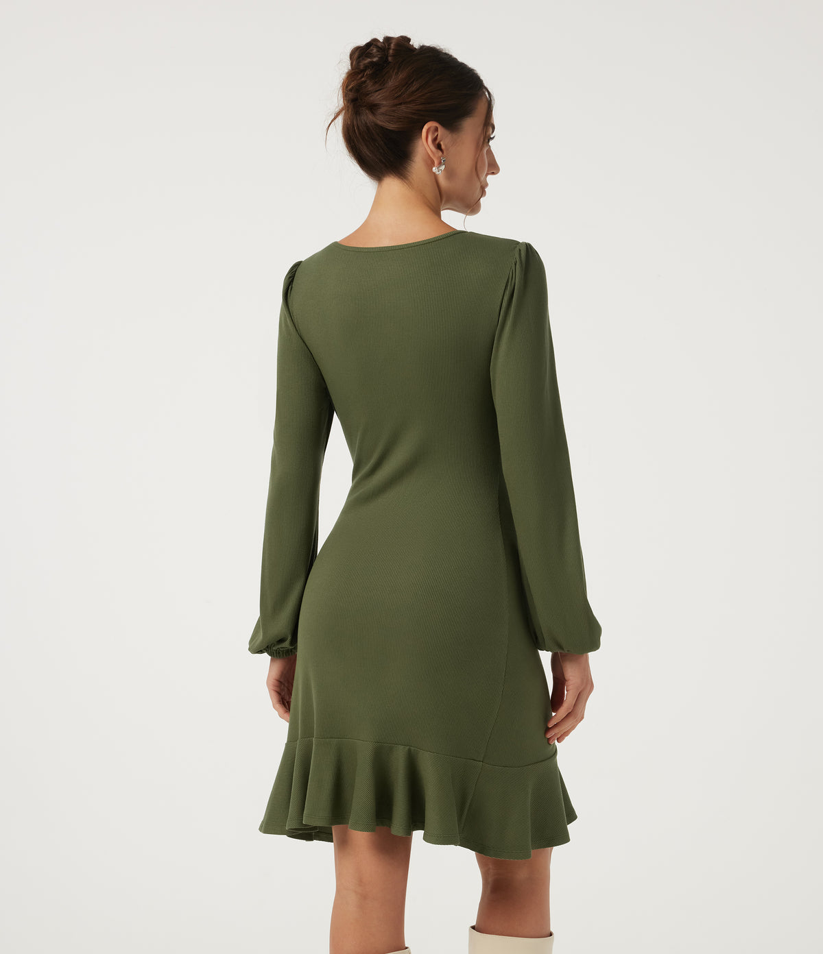 Ribbed Round Neck Long Sleeve Ruffle Hem A-Line Casual Bodycon Mini Dress — Moss Green — view 2