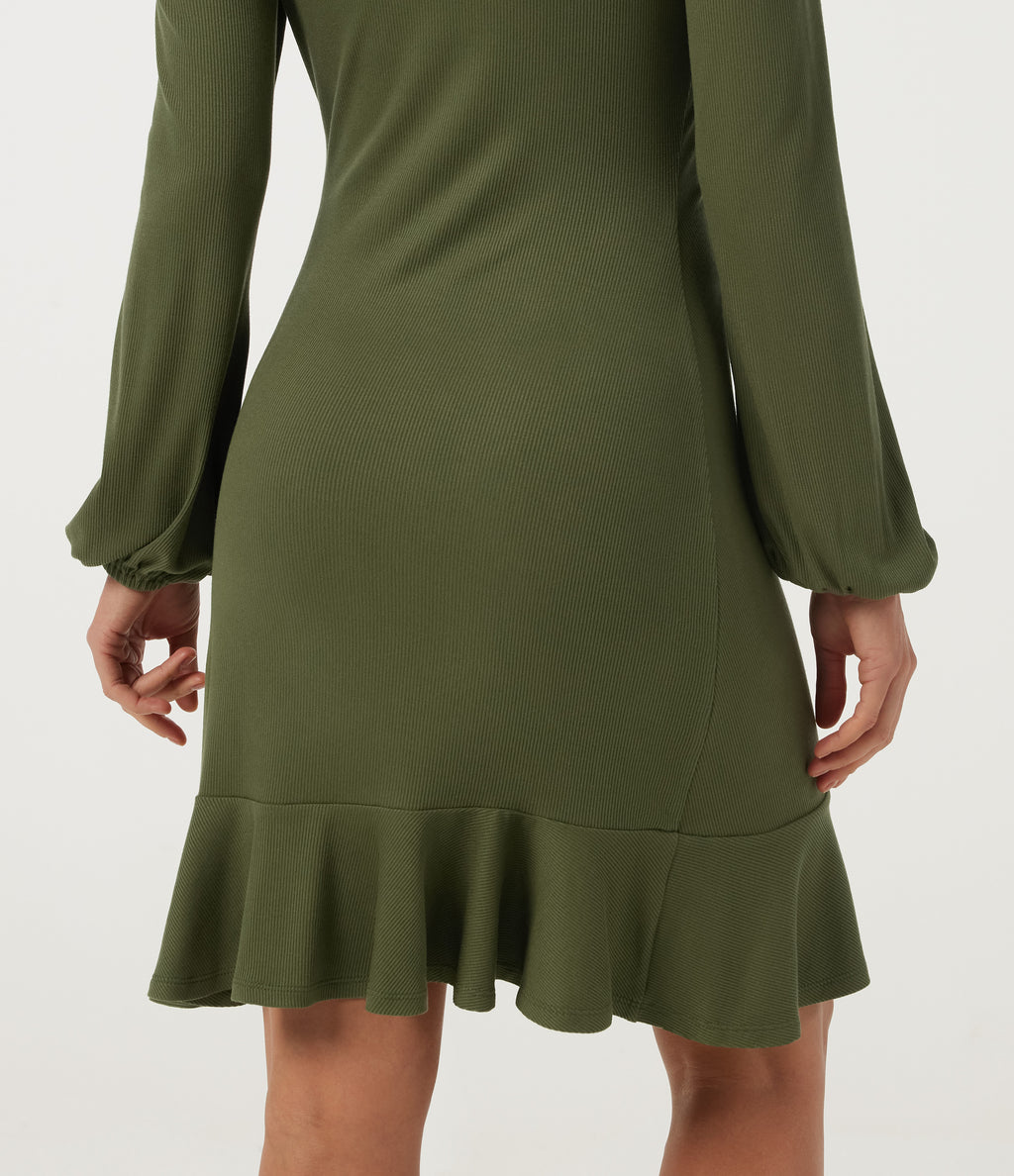 Ribbed Round Neck Long Sleeve Ruffle Hem A-Line Casual Bodycon Mini Dress — Moss Green — view 5