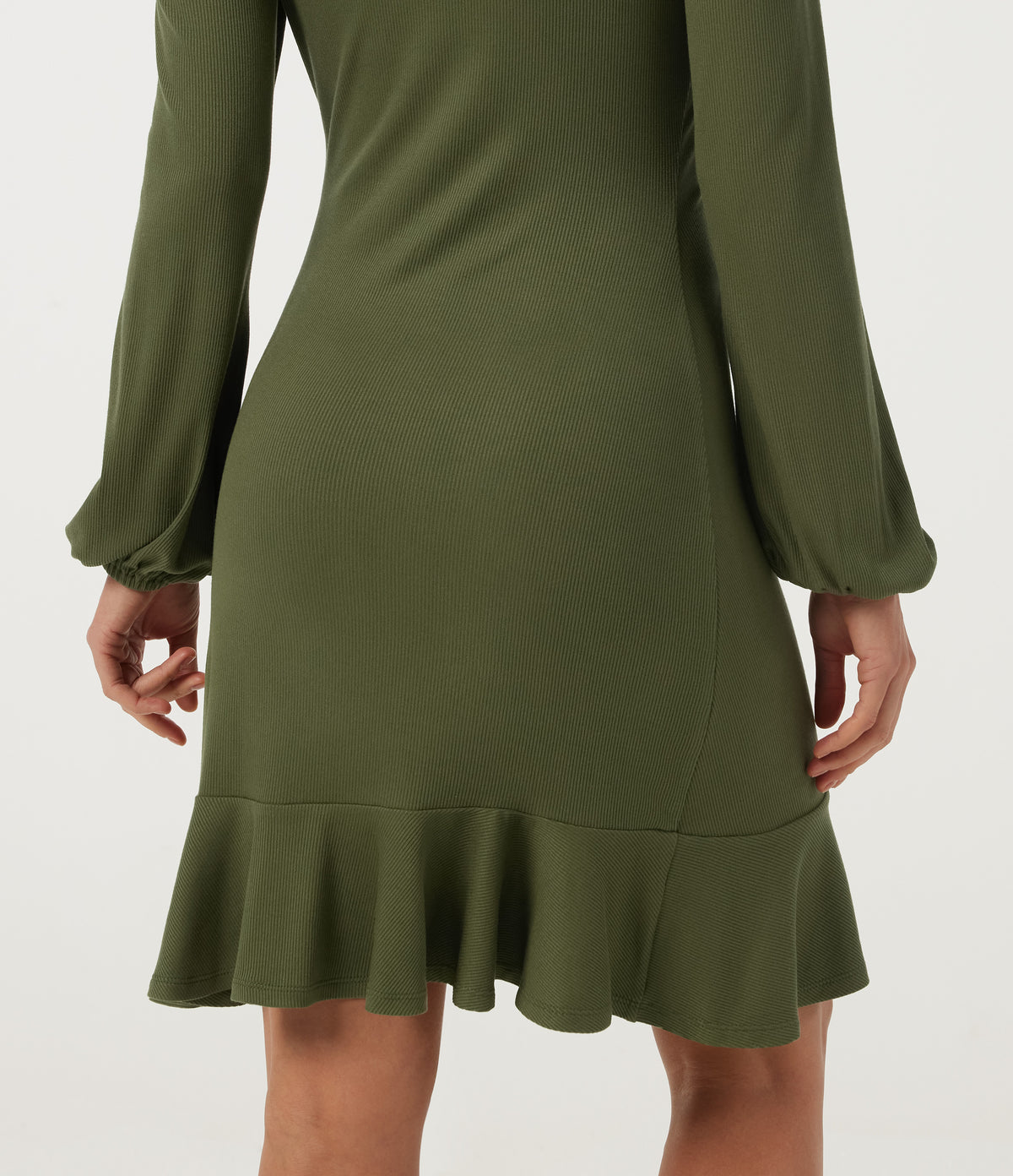 Ribbed Round Neck Long Sleeve Ruffle Hem A-Line Casual Bodycon Mini Dress — Moss Green — view 5