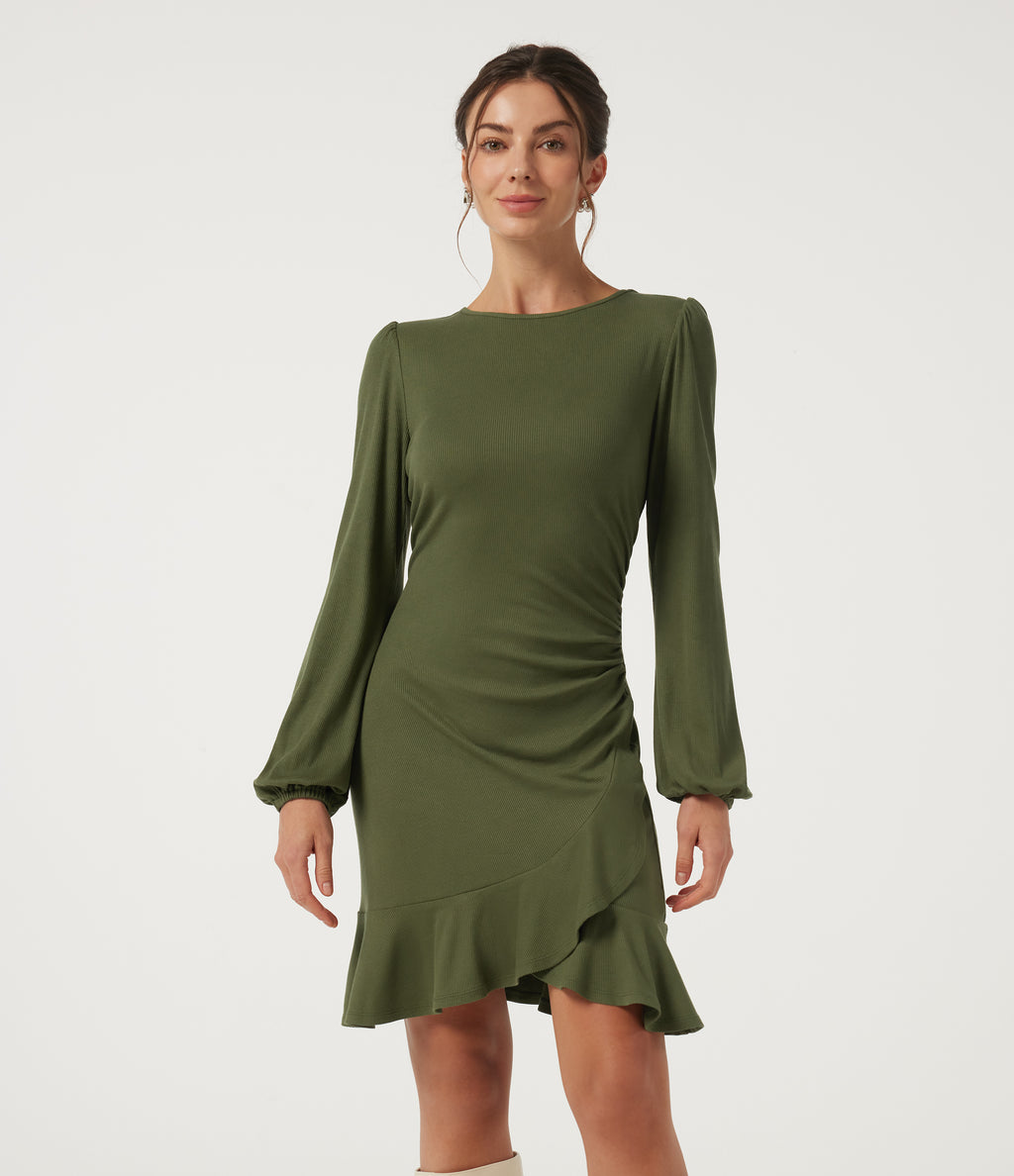 Ribbed Round Neck Long Sleeve Ruffle Hem A-Line Casual Bodycon Mini Dress — Moss Green — view 1