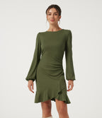 Ribbed Round Neck Long Sleeve Ruffle Hem A-Line Casual Bodycon Mini Dress — Moss Green — view 1