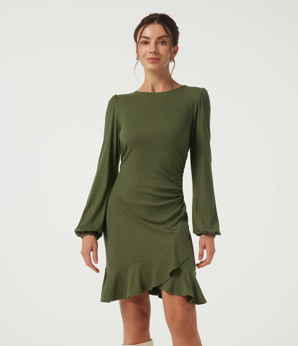 Ribbed Round Neck Long Sleeve Ruffle Hem A-Line Casual Bodycon Mini Dress — Moss Green — view 1