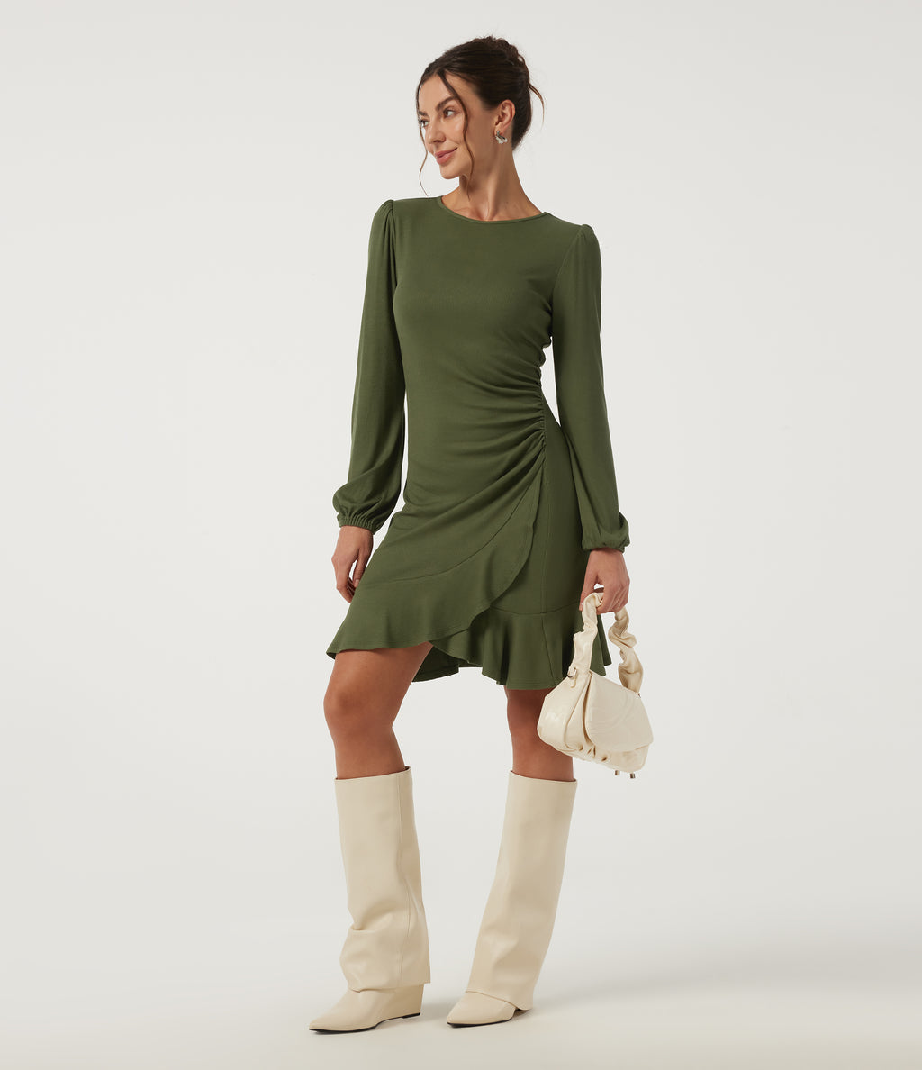 Ribbed Round Neck Long Sleeve Ruffle Hem A-Line Casual Bodycon Mini Dress — Moss Green — view 6