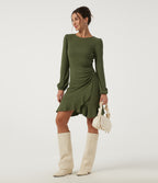 Ribbed Round Neck Long Sleeve Ruffle Hem A-Line Casual Bodycon Mini Dress — Moss Green — view 6