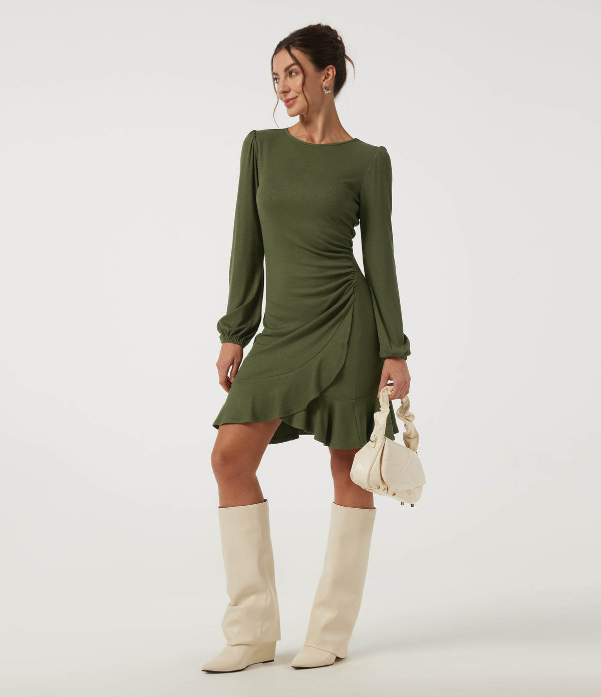 Ribbed Round Neck Long Sleeve Ruffle Hem A-Line Casual Bodycon Mini Dress — Moss Green — view 6