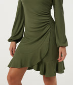 Ribbed Round Neck Long Sleeve Ruffle Hem A-Line Casual Bodycon Mini Dress — Moss Green — view 4