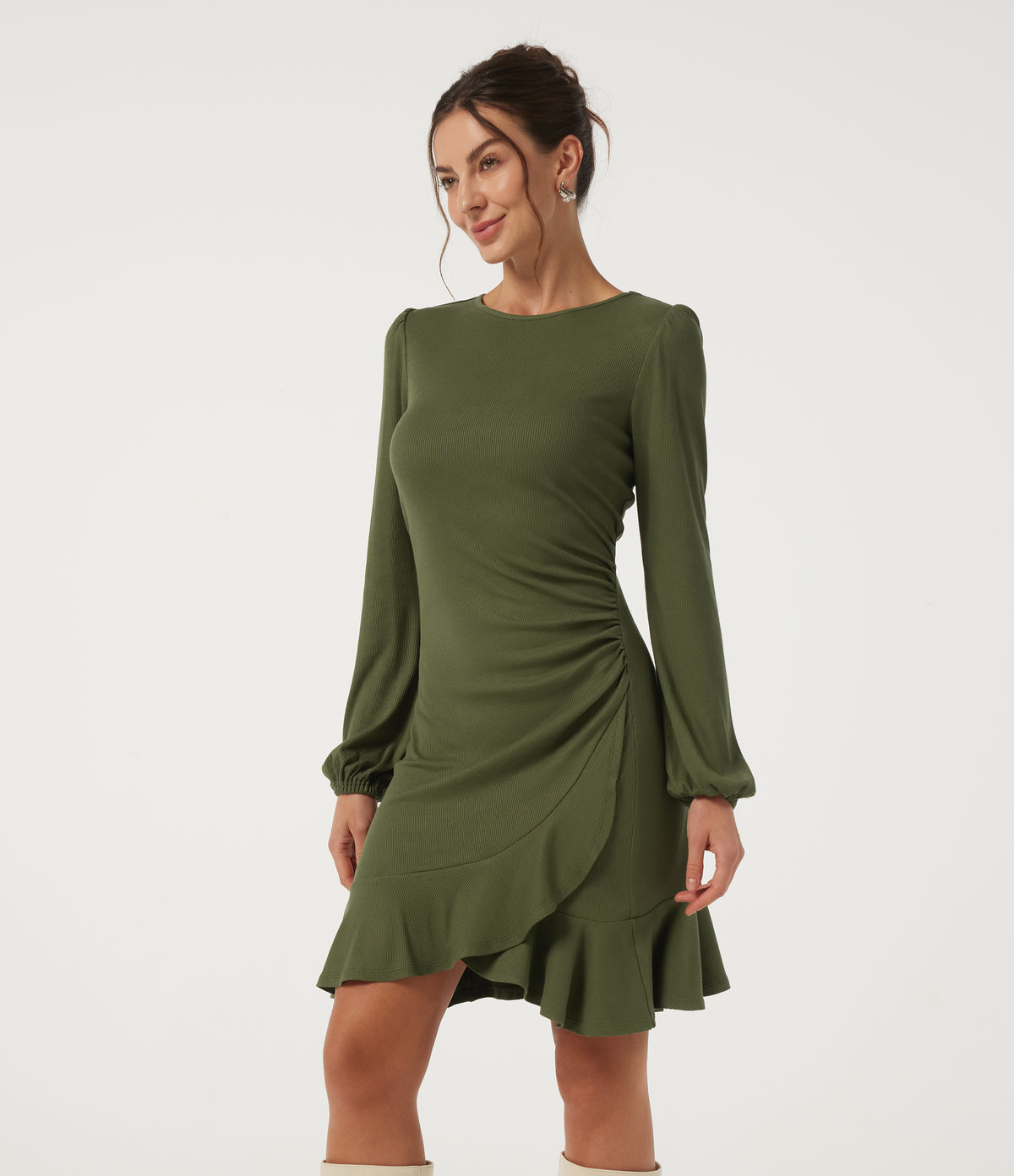 Ribbed Round Neck Long Sleeve Ruffle Hem A-Line Casual Bodycon Mini Dress — Moss Green — view 3