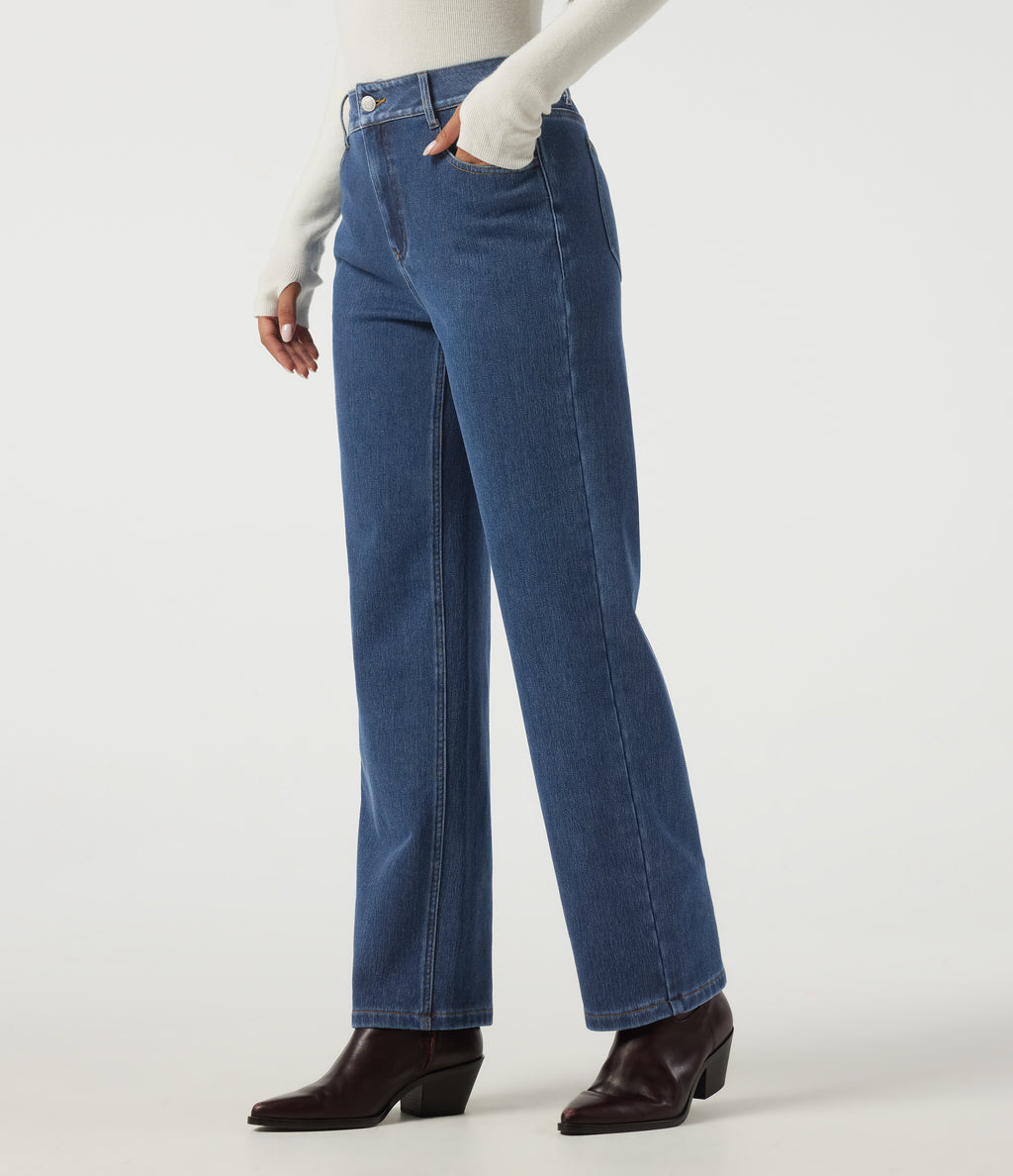 High Waisted Straight Leg Casual Cotton Jeans with Pockets — Estate Blue Denim — view 3
