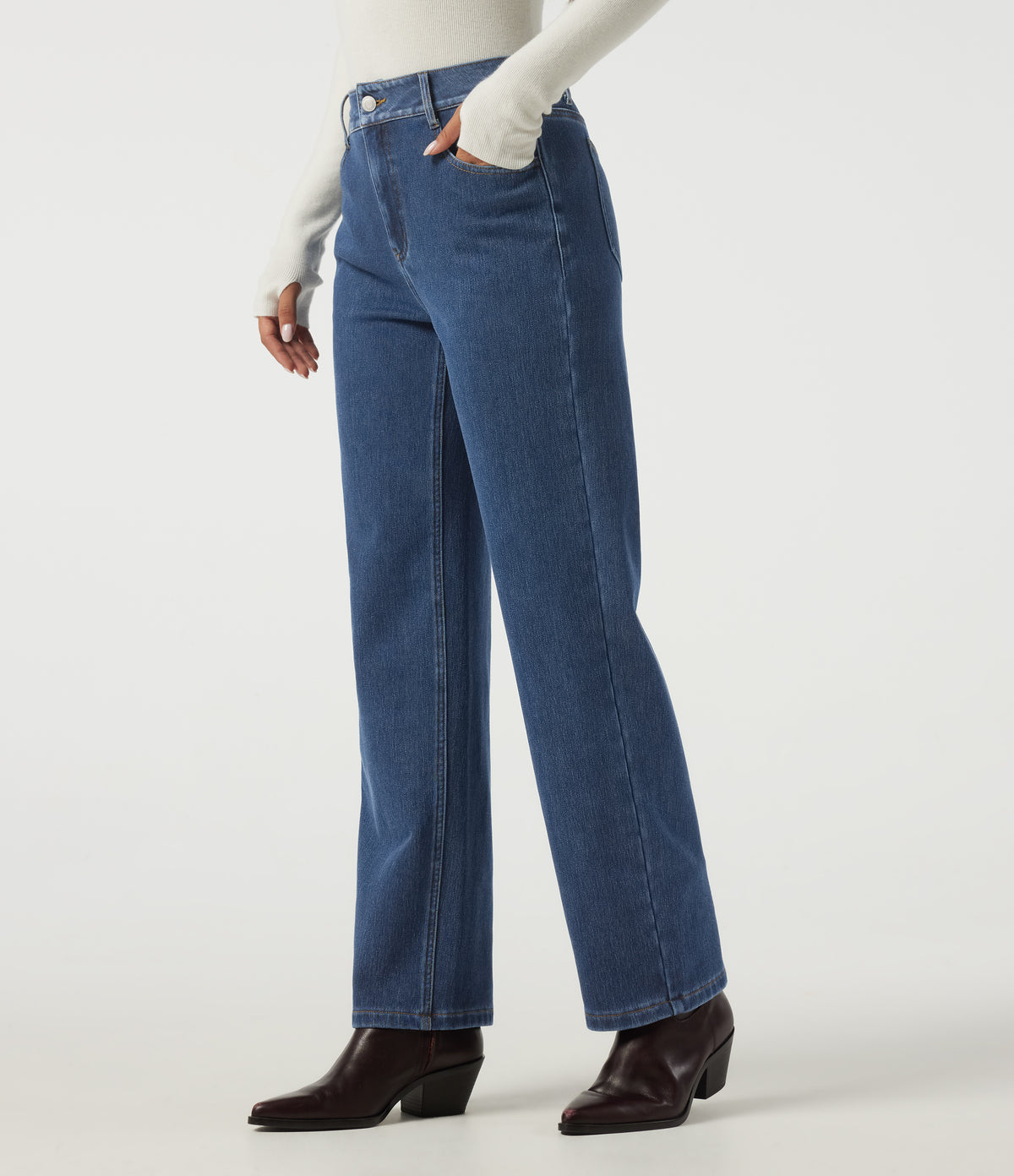 High Waisted Straight Leg Casual Cotton Jeans with Pockets — Estate Blue Denim — view 3