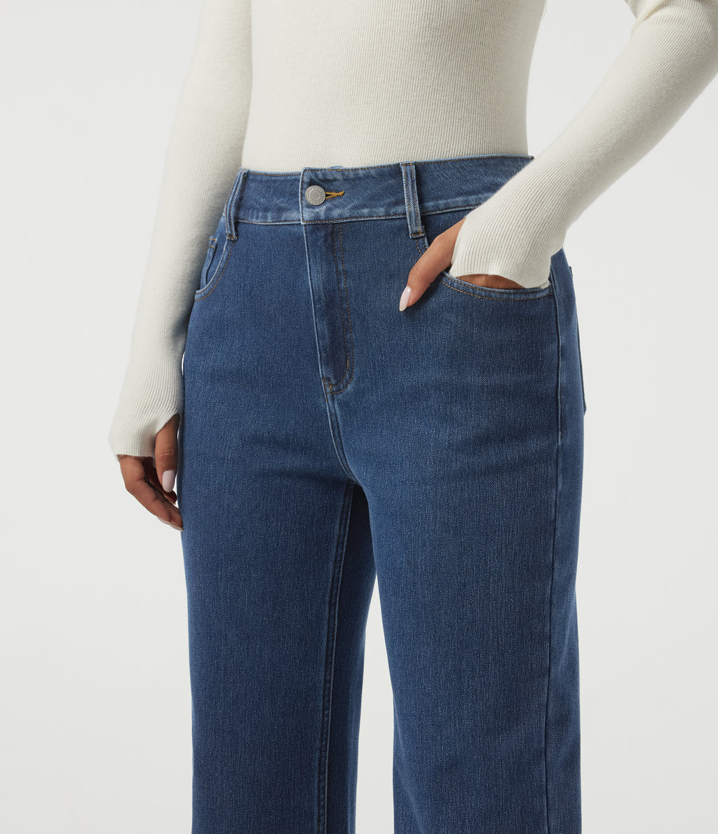 High Waisted Straight Leg Casual Cotton Jeans with Pockets — Estate Blue Denim — view 4