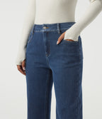 High Waisted Straight Leg Casual Cotton Jeans with Pockets — Estate Blue Denim — view 4