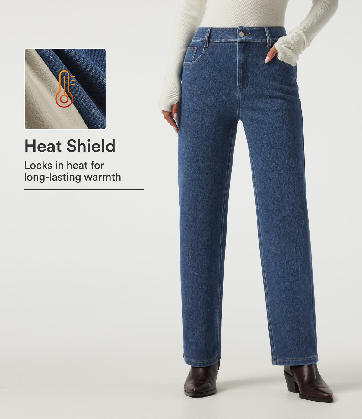 High Waisted Straight Leg Casual Cotton Jeans with Pockets — Estate Blue Denim — view 1