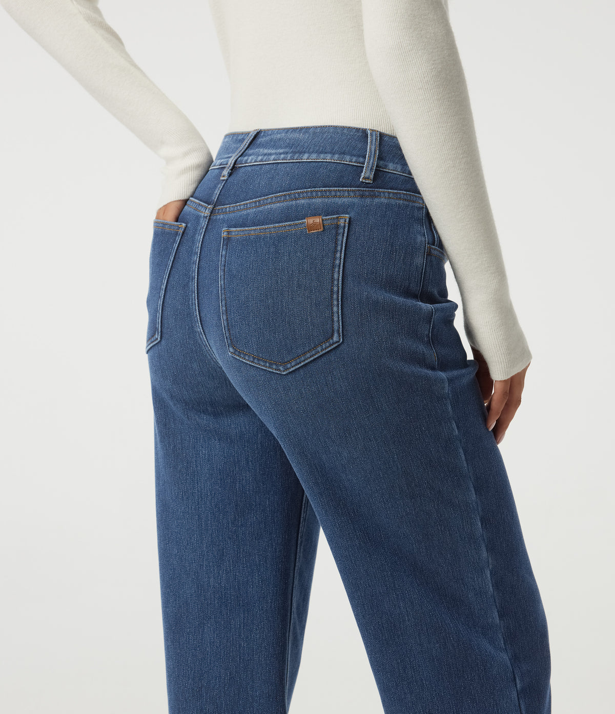 High Waisted Straight Leg Casual Cotton Jeans with Pockets — Estate Blue Denim — view 5
