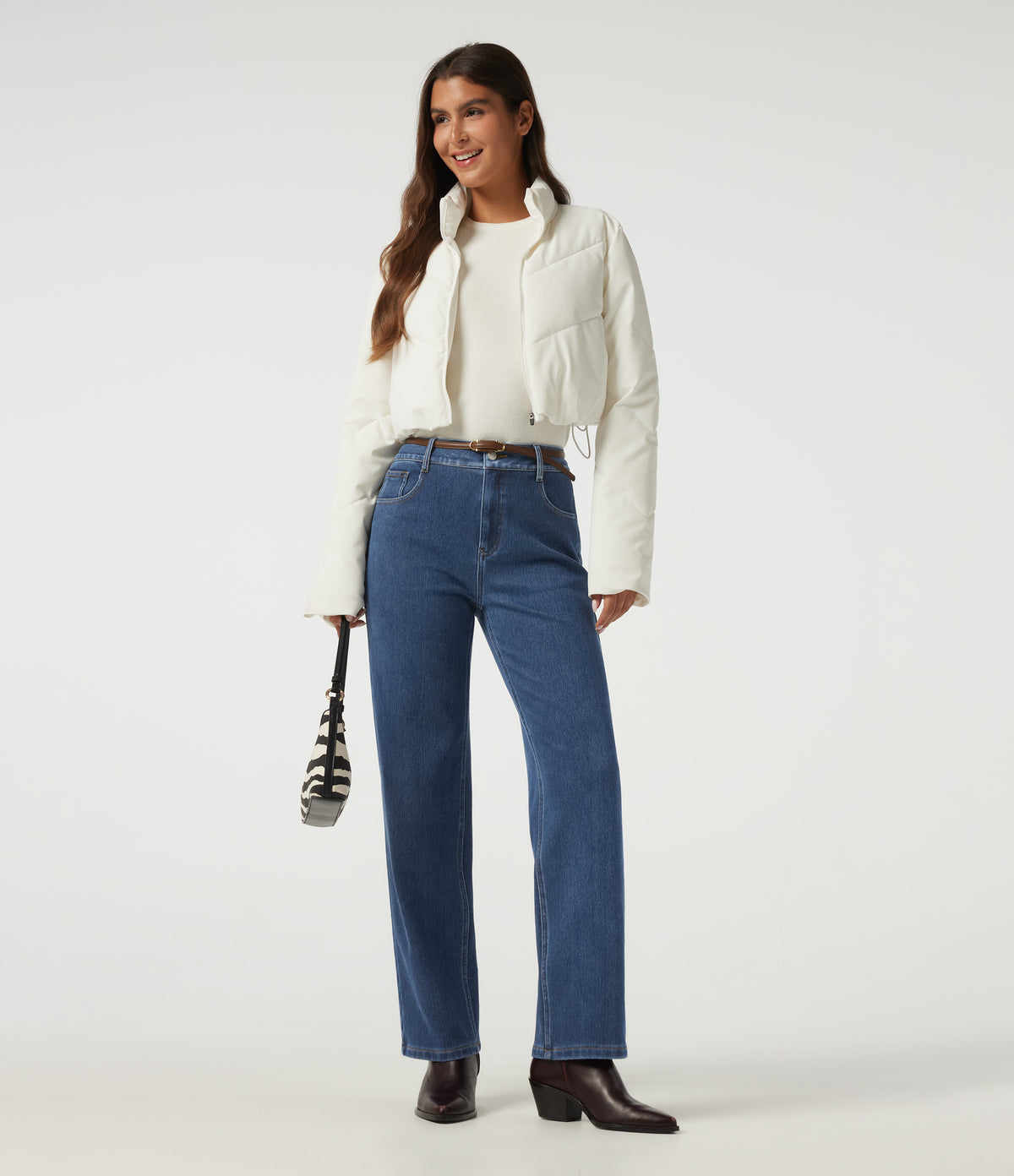High Waisted Straight Leg Casual Cotton Jeans with Pockets — Estate Blue Denim — view 7