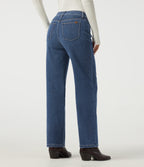 High Waisted Straight Leg Casual Cotton Jeans with Pockets — Estate Blue Denim — view 2