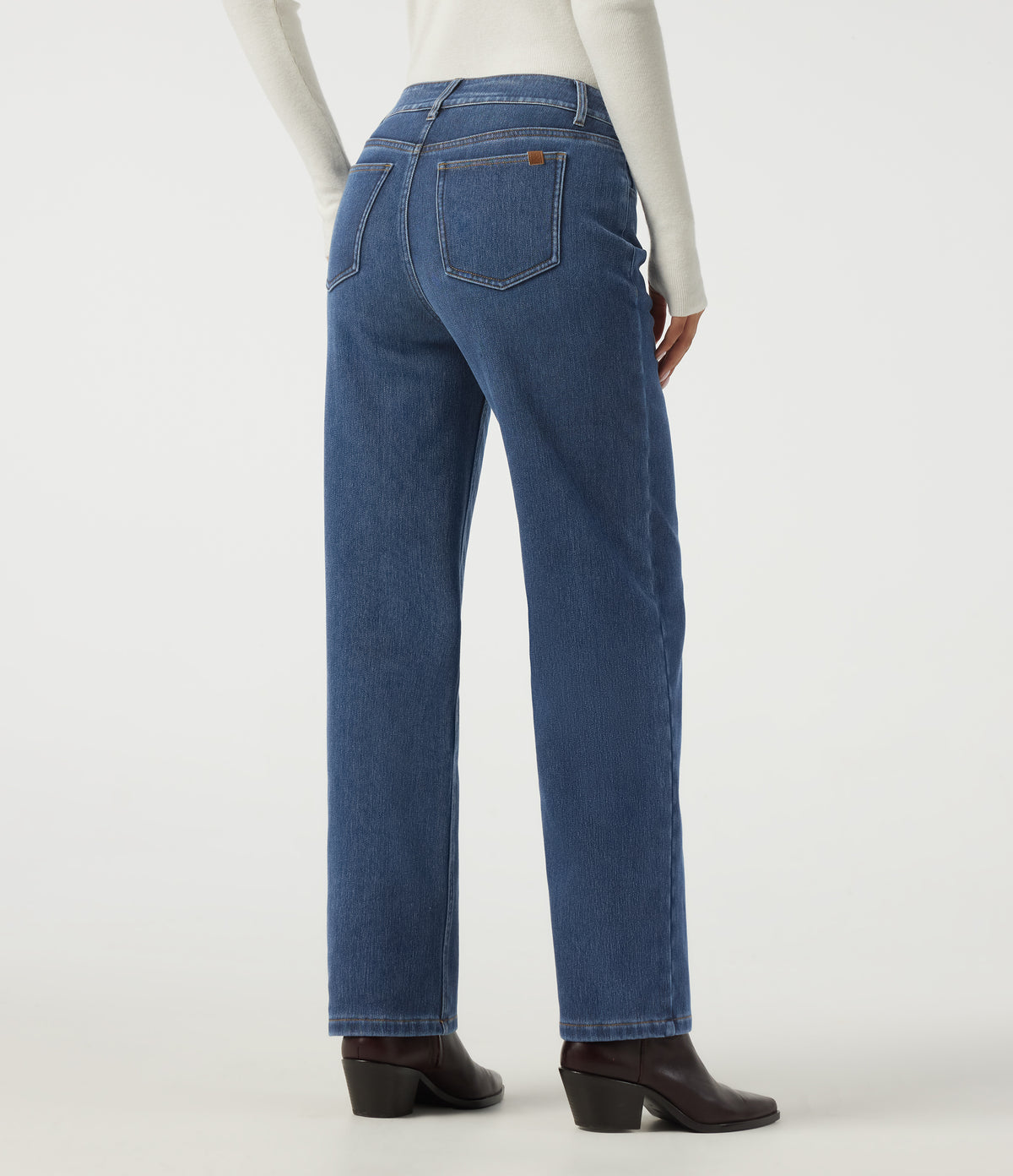 High Waisted Straight Leg Casual Cotton Jeans with Pockets — Estate Blue Denim — view 2
