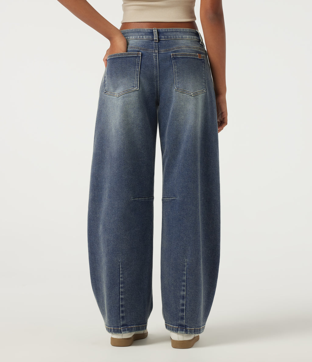 Low Rise Asymmetric Barrel Leg Casual Jeans with Pockets — Zenith Blue — view 2