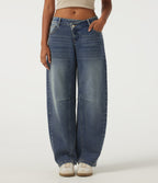 Low Rise Asymmetric Barrel Leg Casual Jeans with Pockets — Zenith Blue — view 1