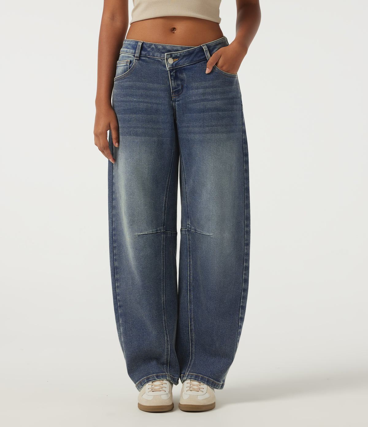 Low Rise Asymmetric Barrel Leg Casual Jeans with Pockets — Zenith Blue — view 1