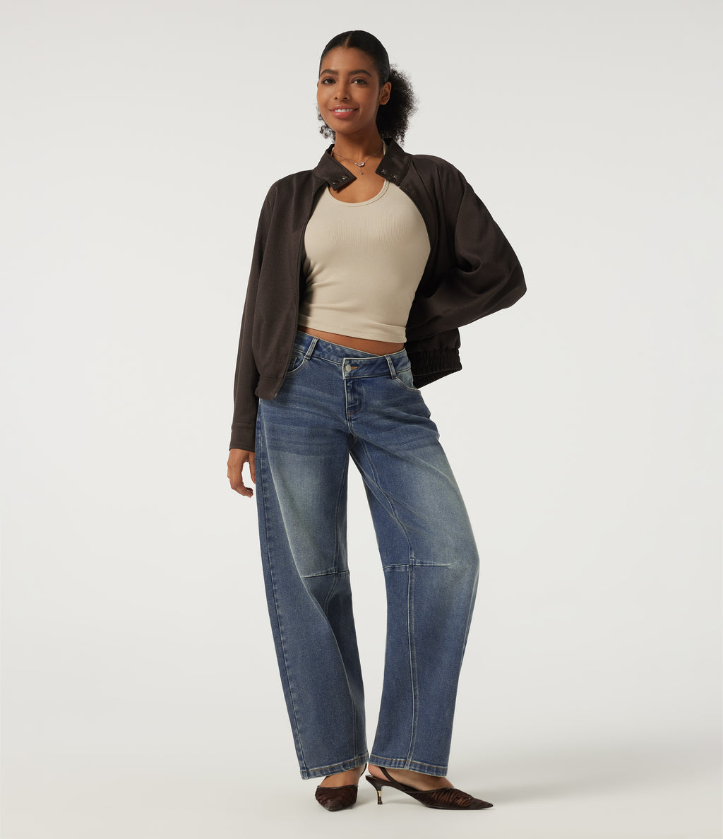 Low Rise Asymmetric Barrel Leg Casual Jeans with Pockets — Zenith Blue — view 7