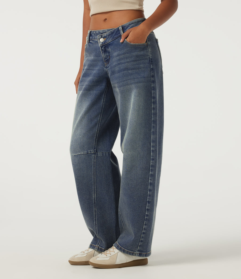 Low Rise Asymmetric Barrel Leg Casual Jeans with Pockets — Zenith Blue — view 3