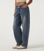 Low Rise Asymmetric Barrel Leg Casual Jeans with Pockets — Zenith Blue — view 3
