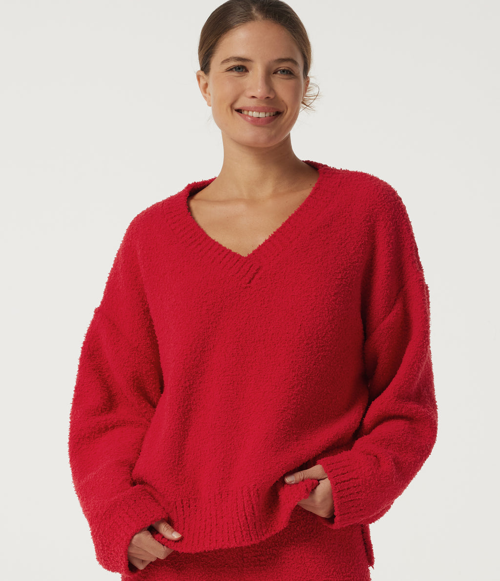 V Neck Long Sleeve Lounge Top — Poinsettia — view 1