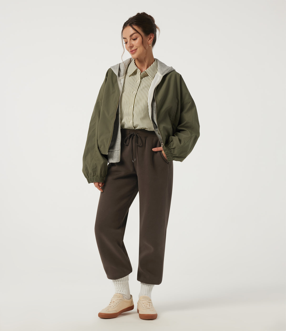 Mid Rise Drawstring Fleece Cotton Casual Sweatpants with Pockets — Slate Black — view 5
