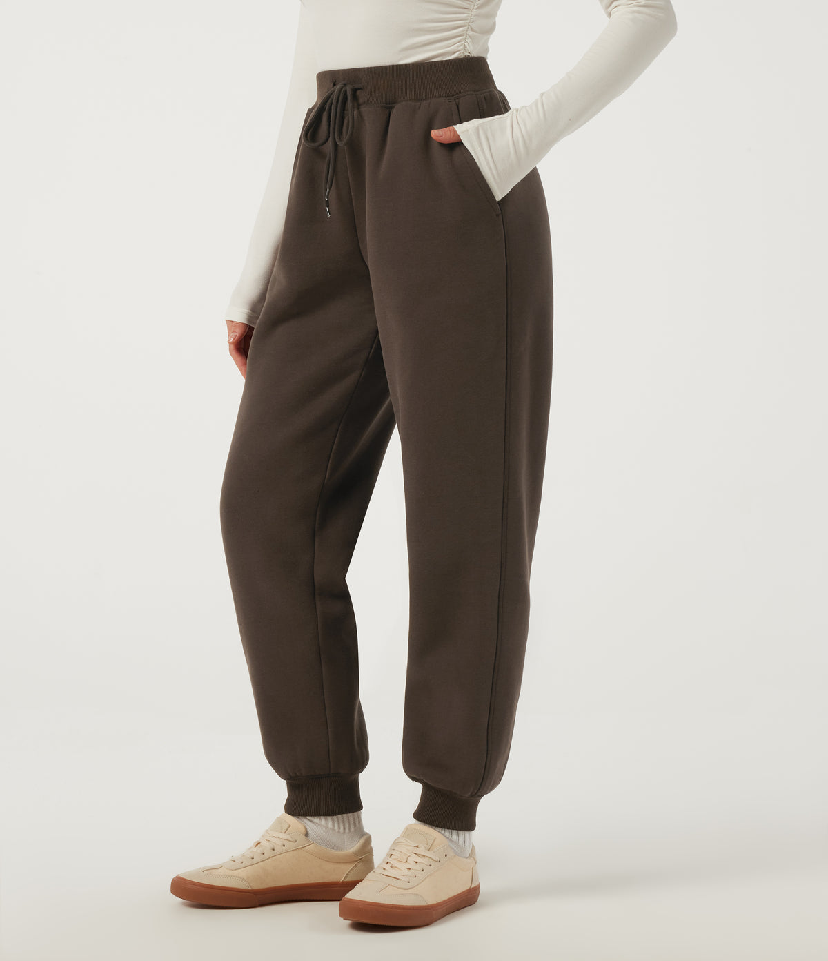 Mid Rise Drawstring Fleece Cotton Casual Sweatpants with Pockets — Slate Black — view 2