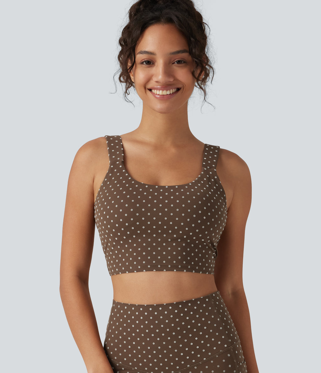 U Neck Twisted Backless Polka Dot Yoga Tank Top with Built-in Bra — Golden Brown Dot — view 6