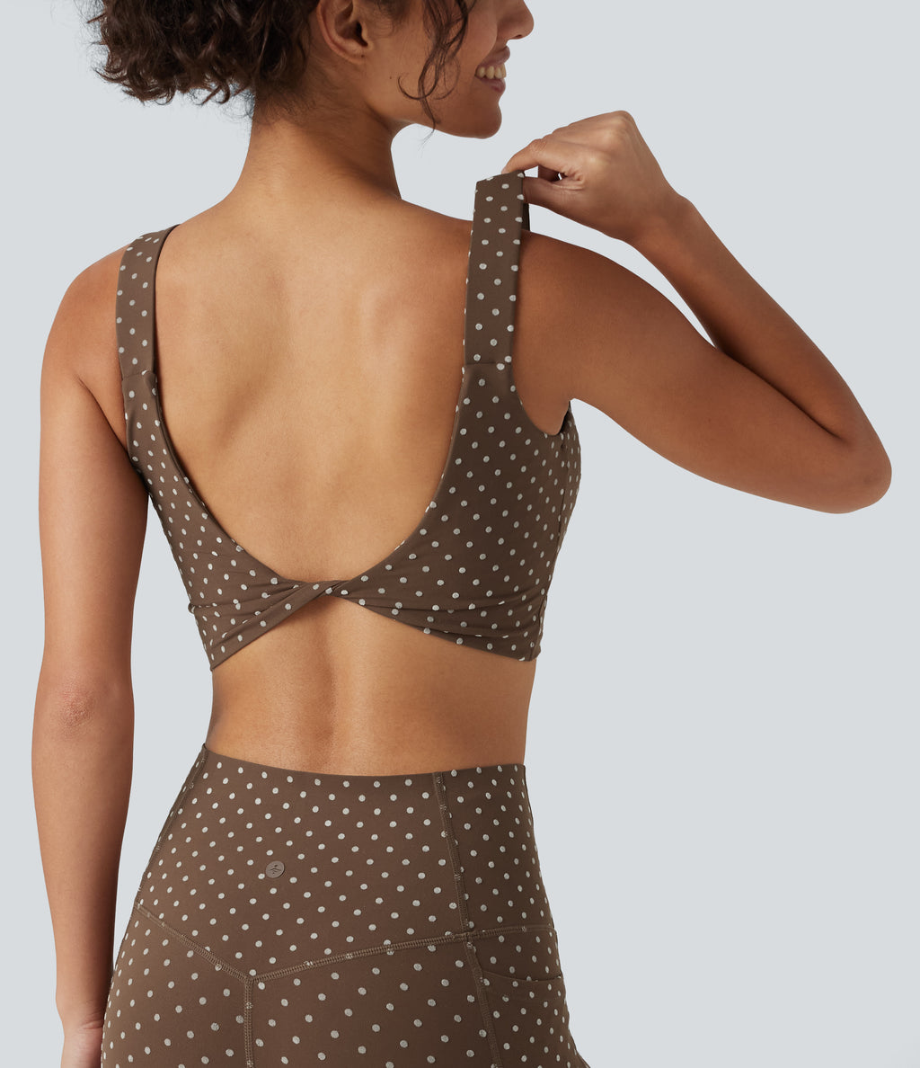 U Neck Twisted Backless Polka Dot Yoga Tank Top with Built-in Bra — Golden Brown Dot — view 5