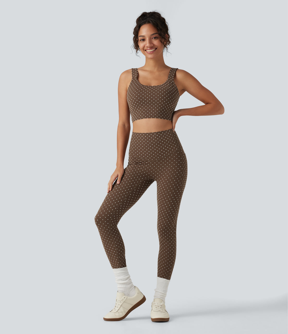 U Neck Twisted Backless Polka Dot Yoga Tank Top with Built-in Bra — Golden Brown Dot — view 8
