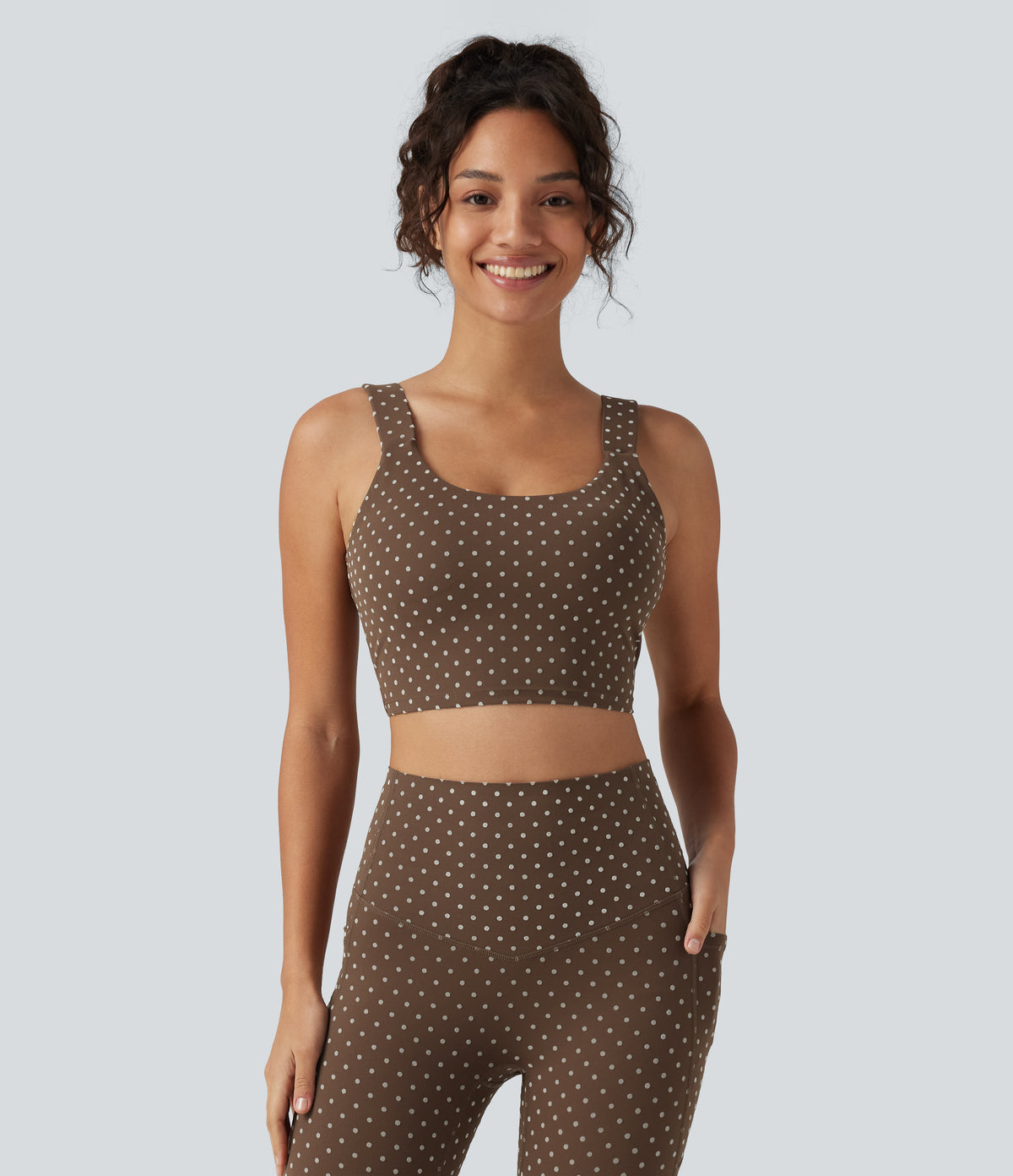 U Neck Twisted Backless Polka Dot Yoga Tank Top with Built-in Bra — Golden Brown Dot — view 3