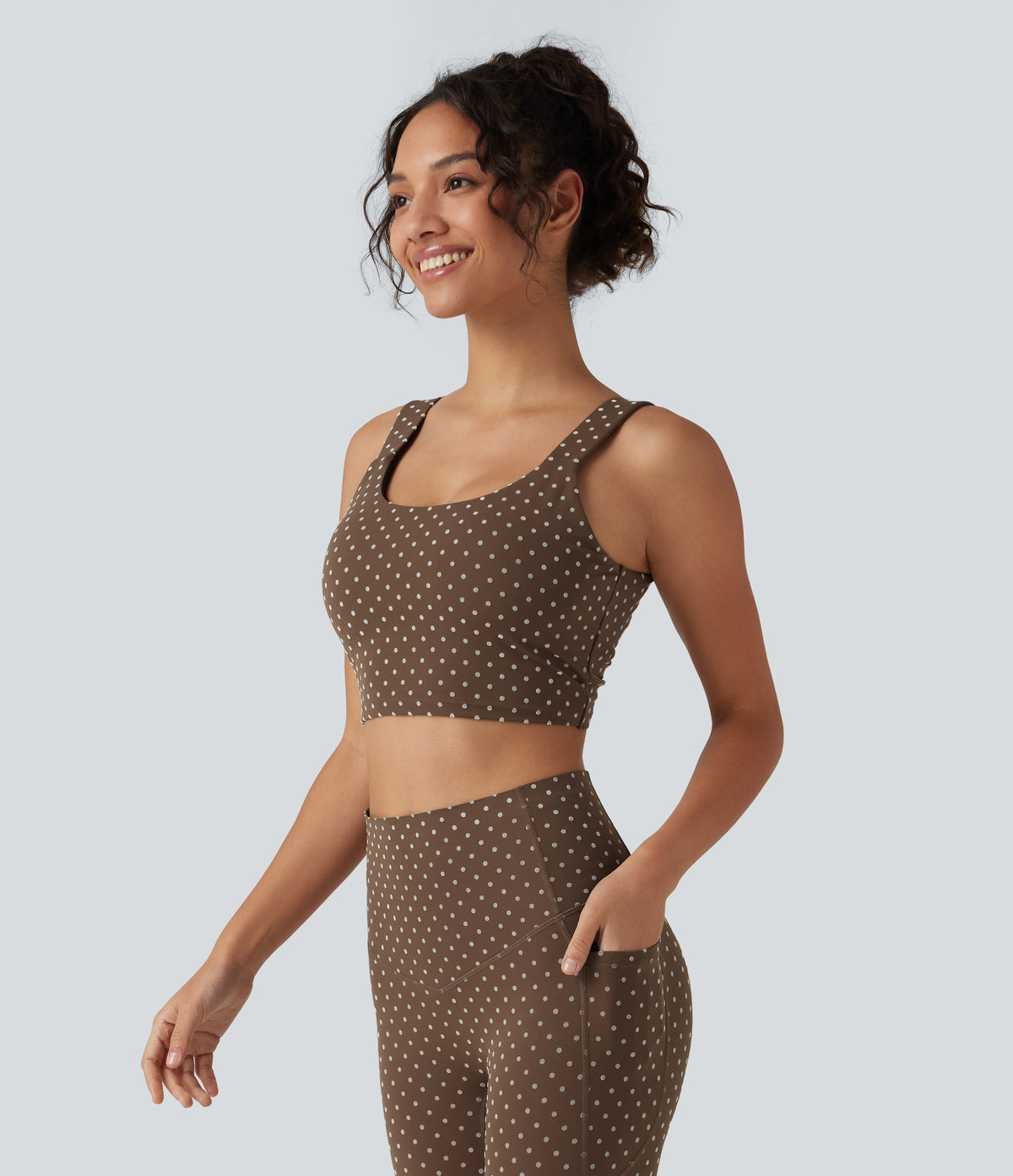 U Neck Twisted Backless Polka Dot Yoga Tank Top with Built-in Bra — Golden Brown Dot — view 4