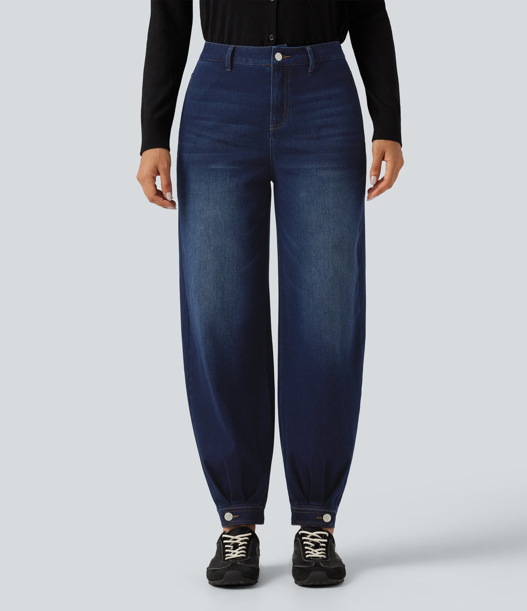 Mid Rise Casual Balloon Jeans with Pockets — Inkling Blue Denim — view 3